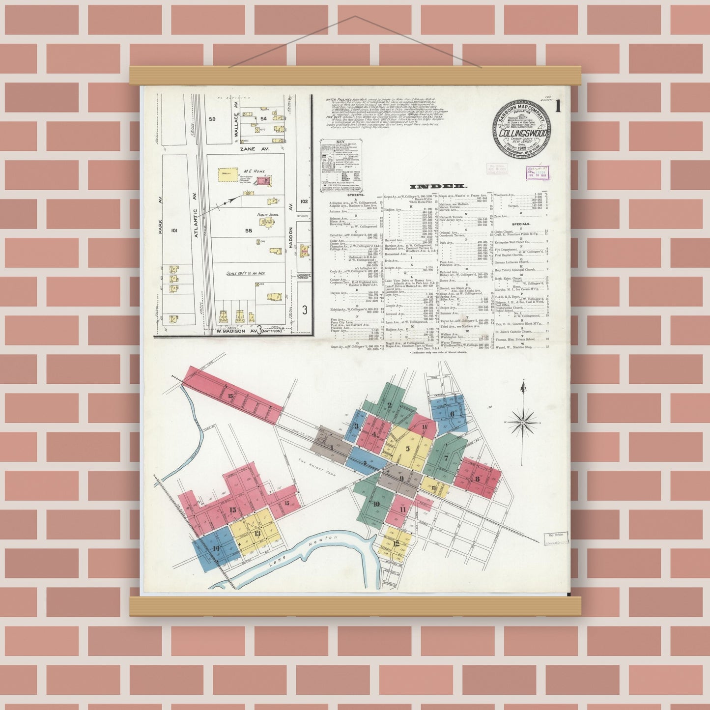Old map wall art mockup — magnetic wood frame on brick wall — Sanborn Fire Insurance Map from Collingswood, Camden County, New Jersey (1909) - Complete Map Set