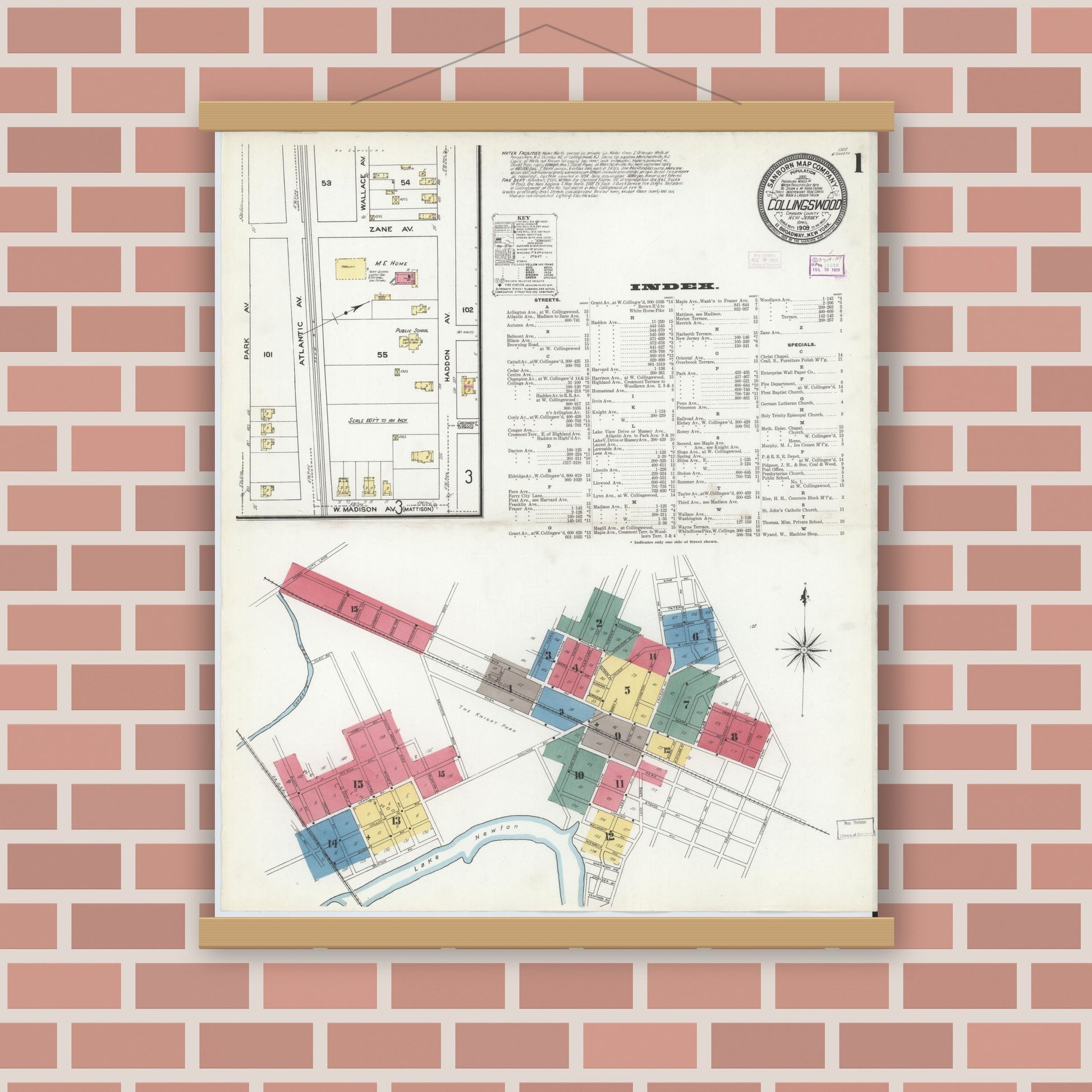 Old map wall art mockup — magnetic wood frame on brick wall — Sanborn Fire Insurance Map from Collingswood, Camden County, New Jersey (1909) - Complete Map Set