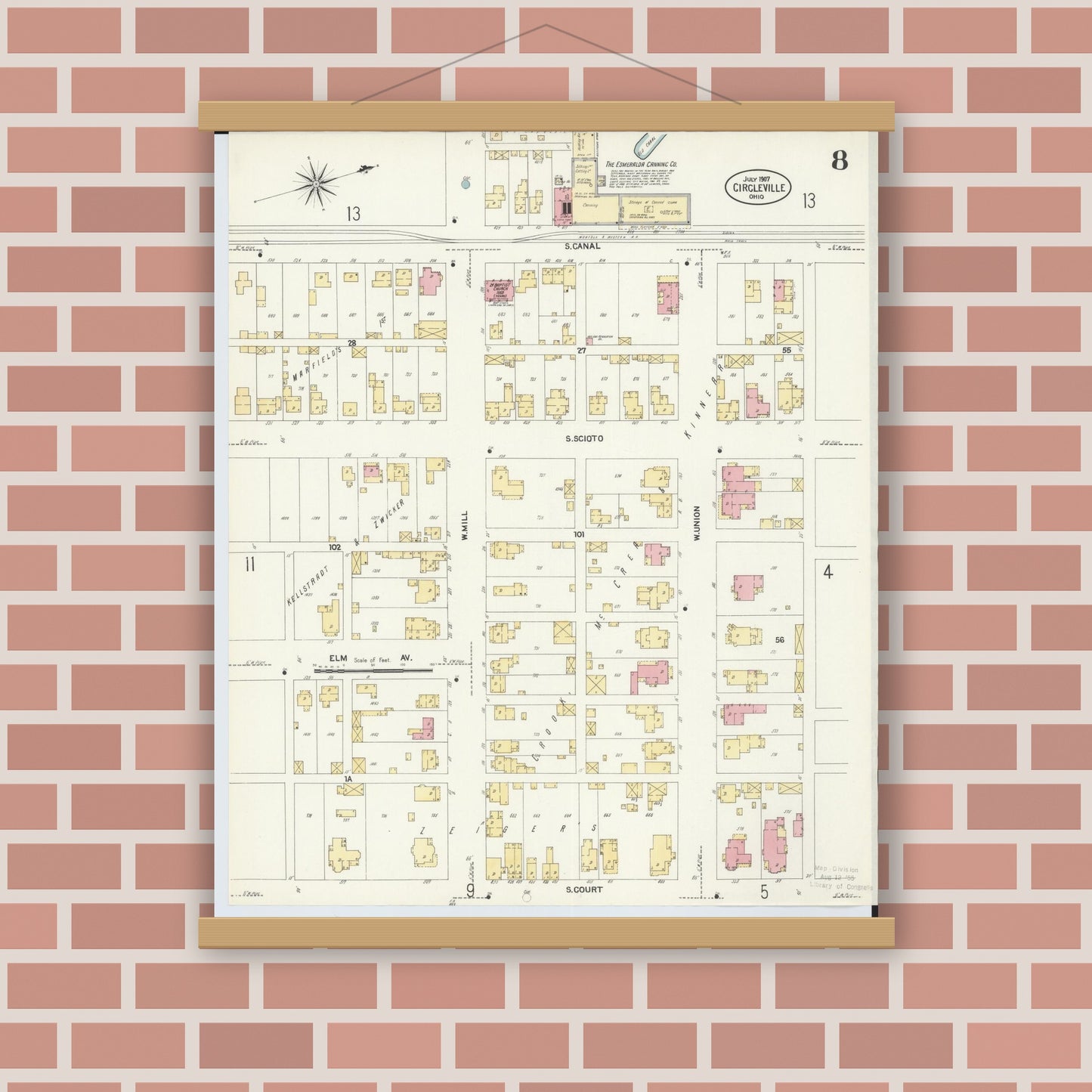 Old map wall art mockup — magnetic wood frame on brick wall — Sanborn Fire Insurance Map from Circleville, Pickaway County, Ohio (1907), Sheet #0008