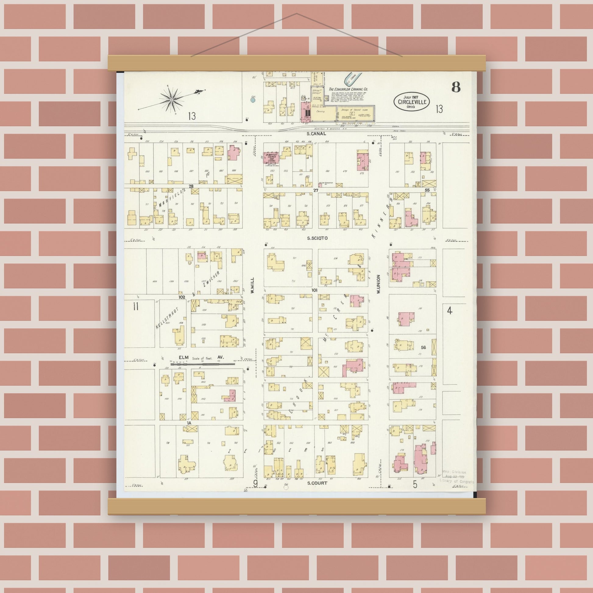 Old map wall art mockup — magnetic wood frame on brick wall — Sanborn Fire Insurance Map from Circleville, Pickaway County, Ohio (1907), Sheet #0008