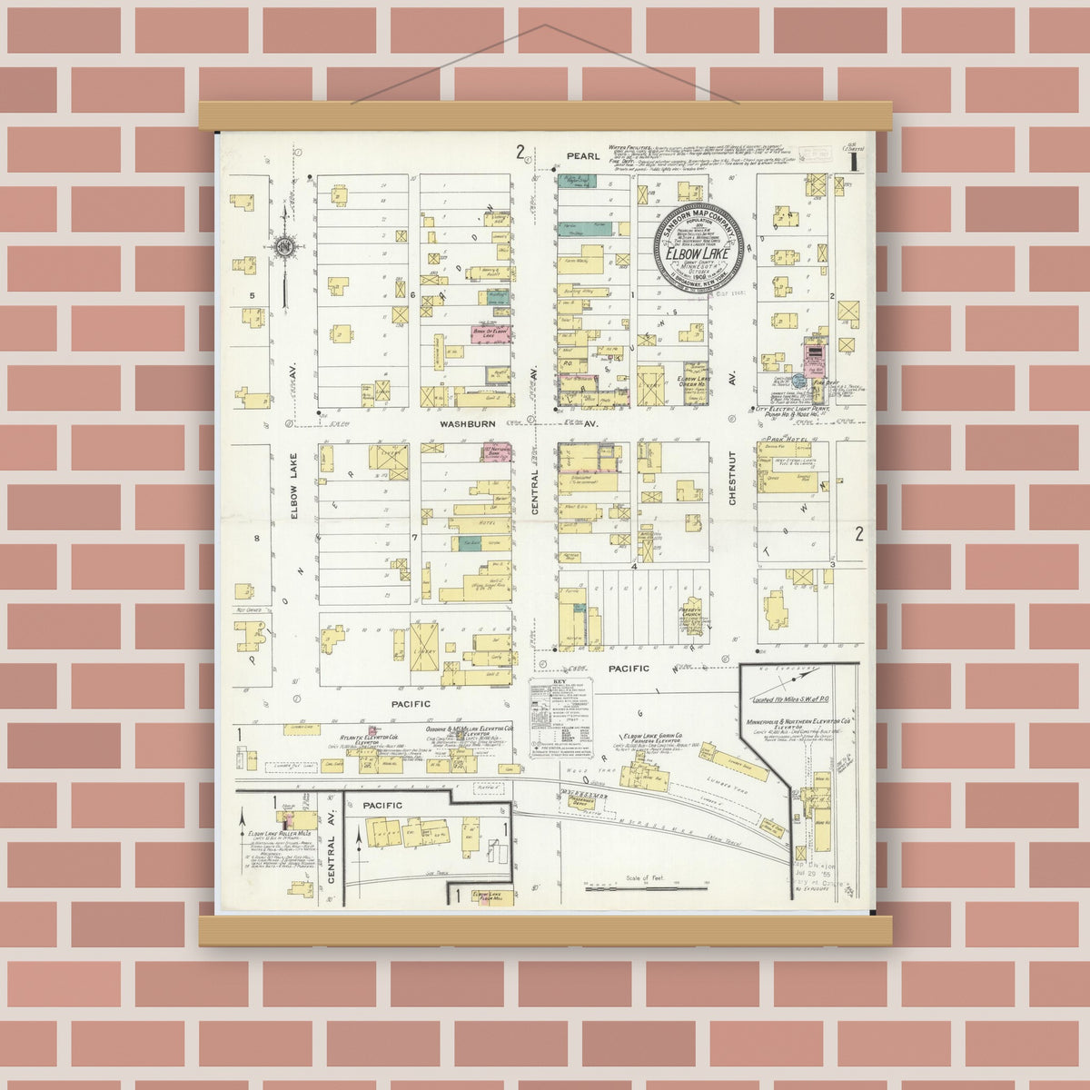Old map wall art mockup — magnetic wood frame on brick wall — Sanborn Fire Insurance Map from Elbow Lake, Grant County, Minnesota (1909), Sheet #0001
