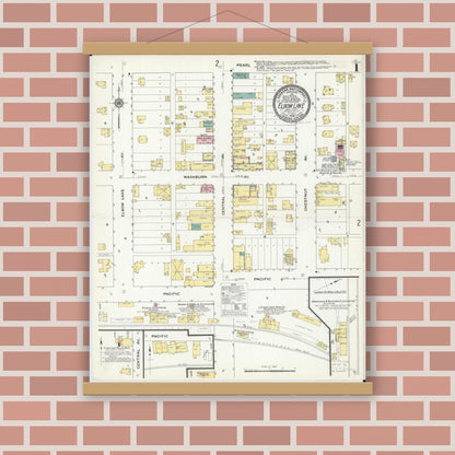 Old map wall art mockup — magnetic wood frame on brick wall — Sanborn Fire Insurance Map from Elbow Lake, Grant County, Minnesota (1909), Sheet #0001