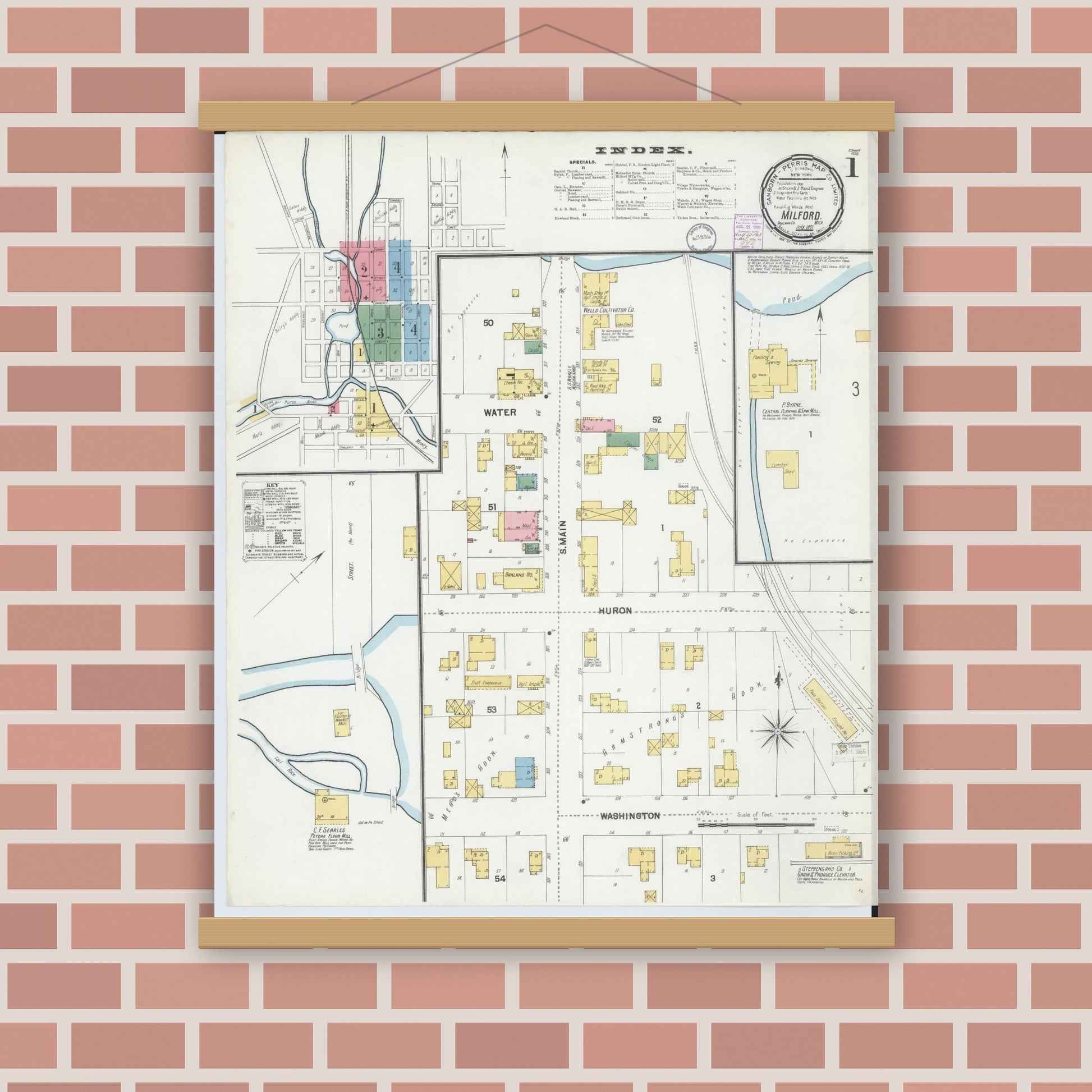 Old map wall art mockup — magnetic wood frame on brick wall — Sanborn Fire Insurance Map from Milford, Oakland County, Michigan (1901) - Complete Map Set