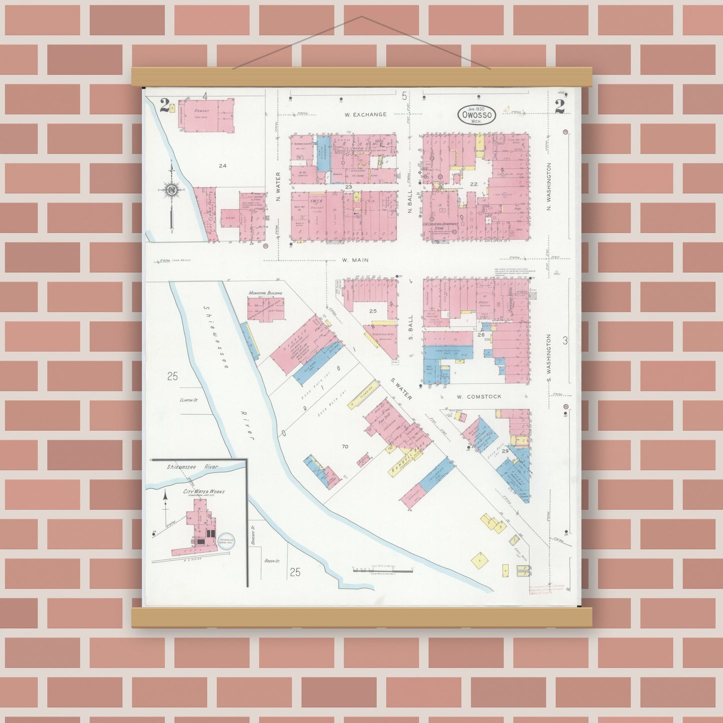Old map wall art mockup — magnetic wood frame on brick wall — Sanborn Fire Insurance Map from Owosso, Shiawassee County, Michigan (1930), Sheet #0002