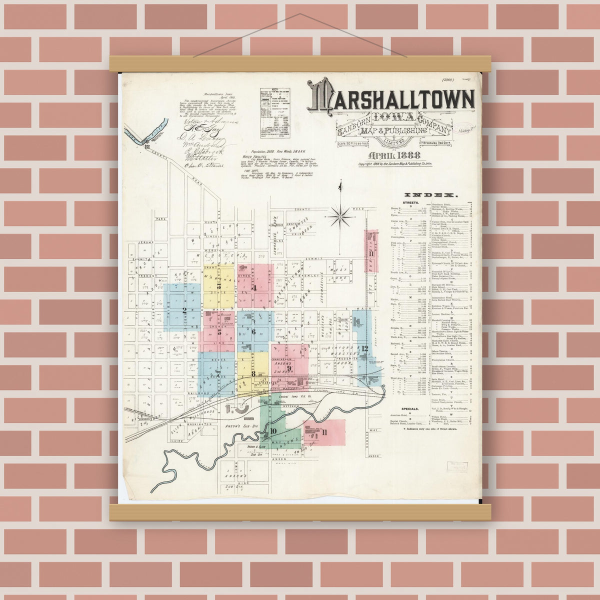 Old map wall art mockup — magnetic wood frame on brick wall — Sanborn Fire Insurance Map from Marshalltown, Marshall County, Iowa (1888) â€” Complete Set