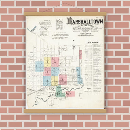 Old map wall art mockup — magnetic wood frame on brick wall — Sanborn Fire Insurance Map from Marshalltown, Marshall County, Iowa (1888) â€” Complete Set