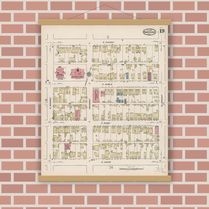 Old map wall art mockup — magnetic wood frame on brick wall — Sanborn Fire Insurance Map from Nanticoke, Luzerne County, Pennsylvania (1920), Sheet #0019