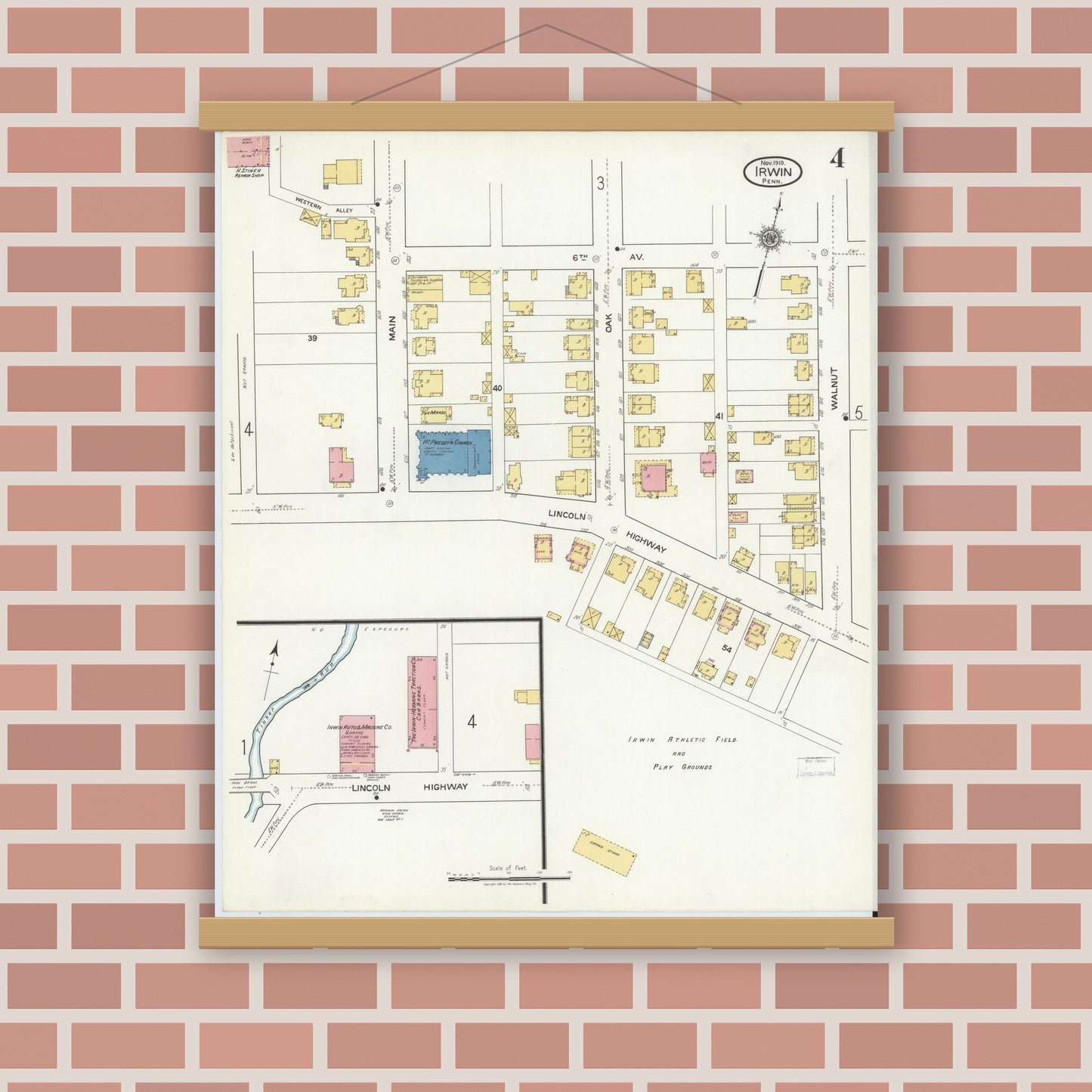 Old map wall art mockup — magnetic wood frame on brick wall — Sanborn Fire Insurance Map from Irwin, Westmoreland County, Pennsylvania (1919), Sheet #0004