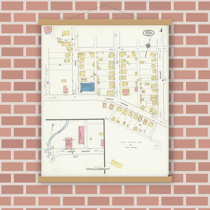 Old map wall art mockup — magnetic wood frame on brick wall — Sanborn Fire Insurance Map from Irwin, Westmoreland County, Pennsylvania (1919), Sheet #0004