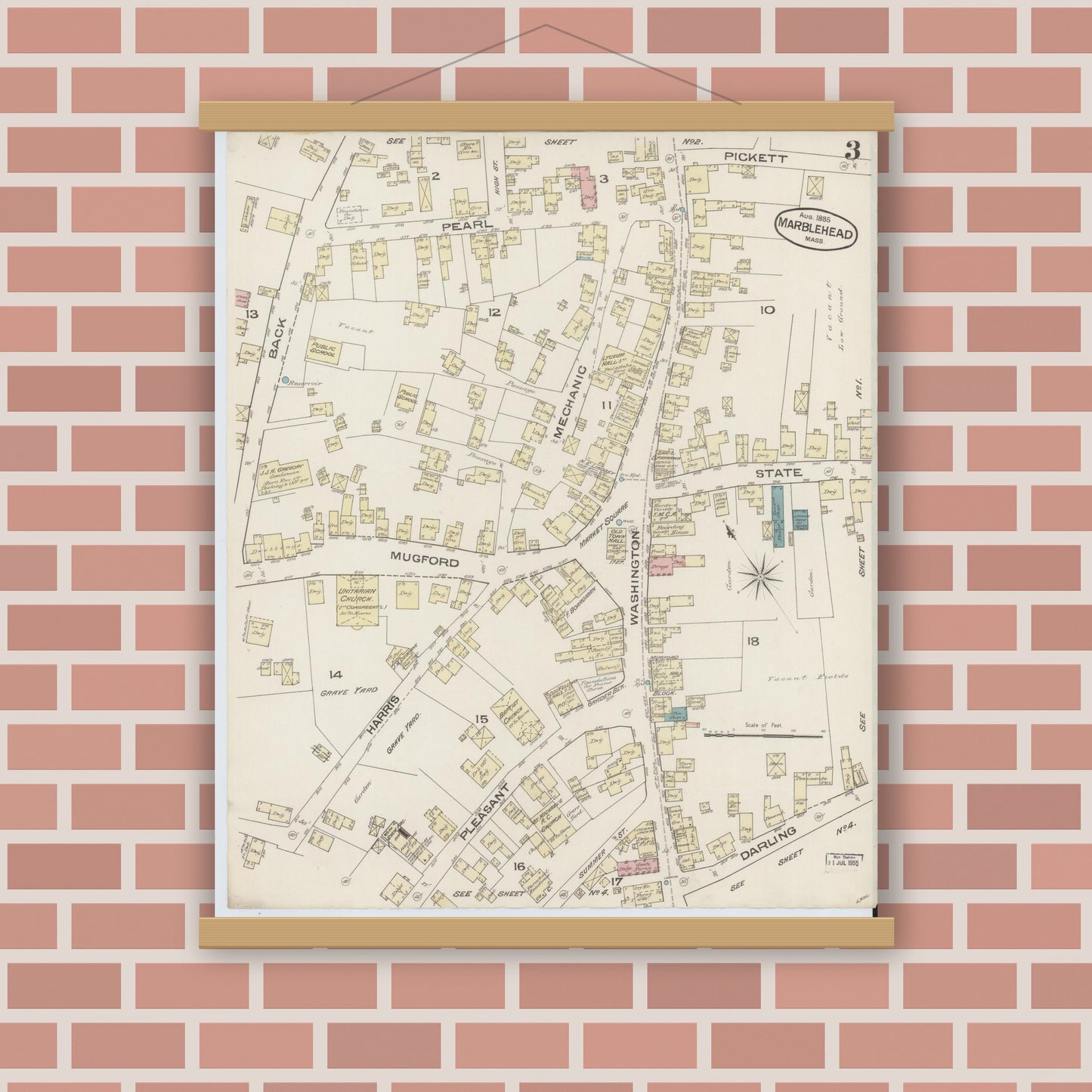 Old map wall art mockup — magnetic wood frame on brick wall — Sanborn Fire Insurance Map from Marblehead, Essex County, Massachusetts (1885), Sheet #0003