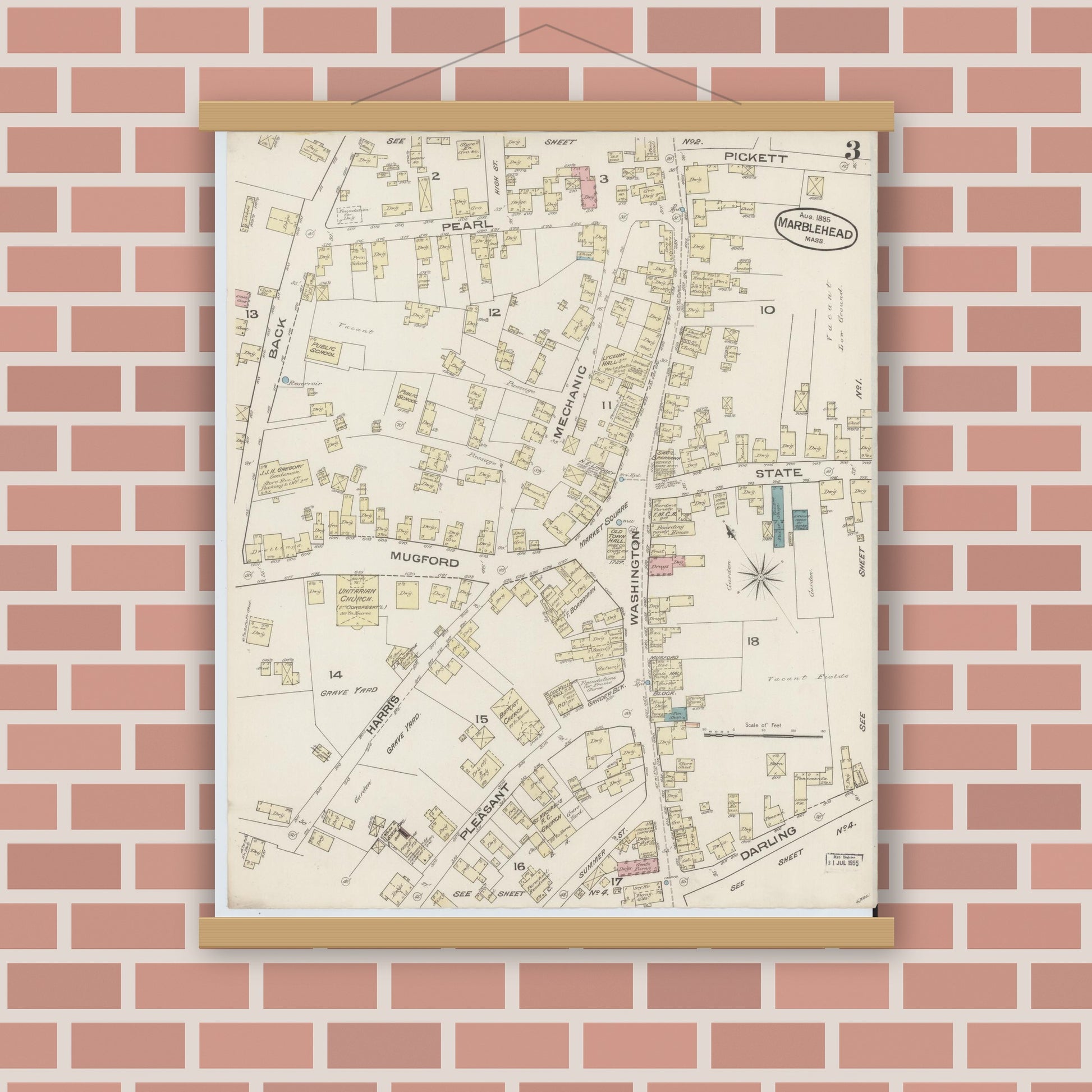 Old map wall art mockup — magnetic wood frame on brick wall — Sanborn Fire Insurance Map from Marblehead, Essex County, Massachusetts (1885), Sheet #0003