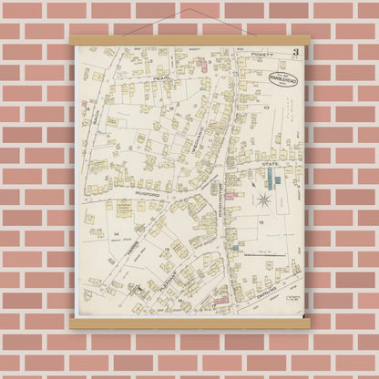 Old map wall art mockup — magnetic wood frame on brick wall — Sanborn Fire Insurance Map from Marblehead, Essex County, Massachusetts (1885), Sheet #0003