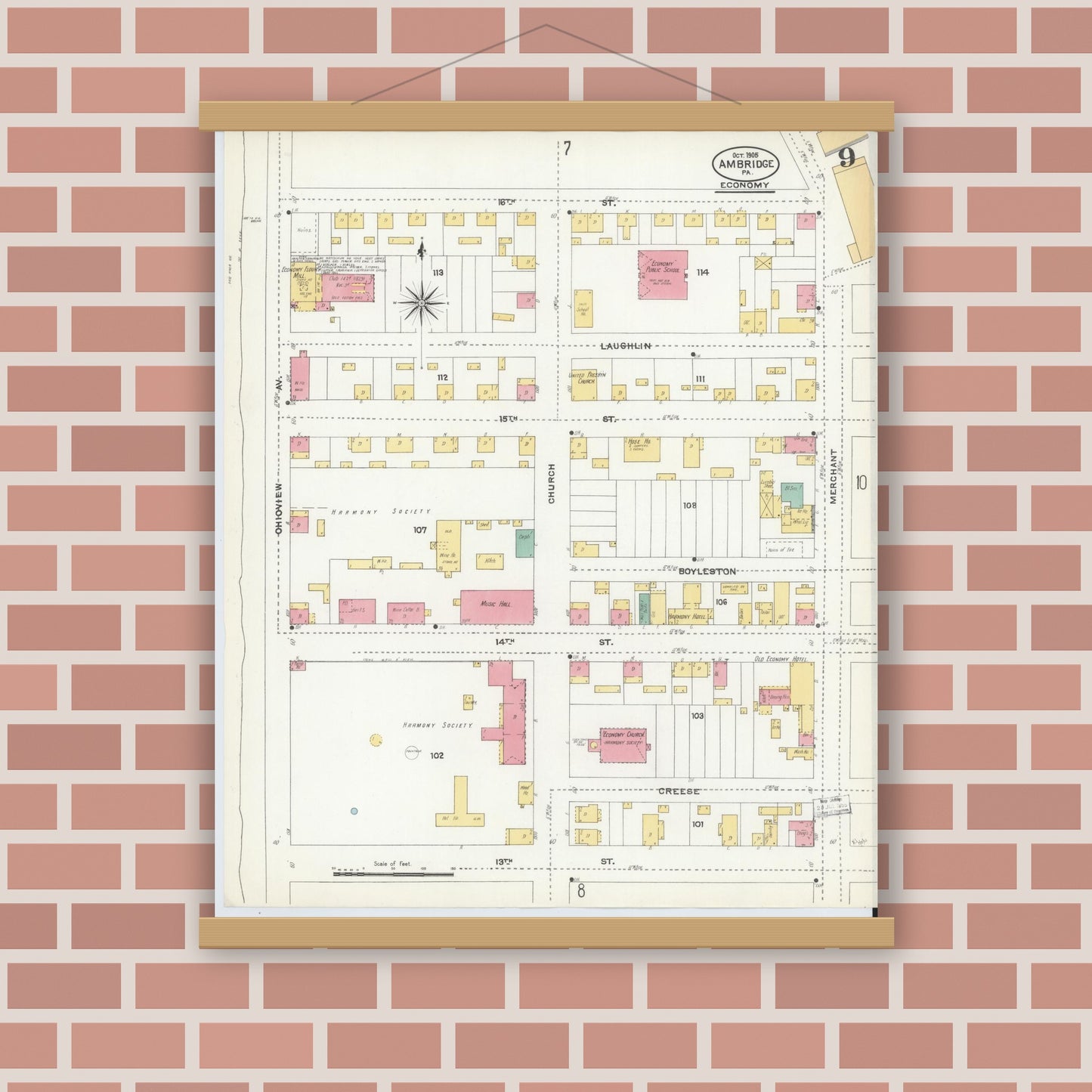 Old map wall art mockup — magnetic wood frame on brick wall — Sanborn Fire Insurance Map from Ambridge, Beaver County, Pennsylvania (1905), Sheet #0009