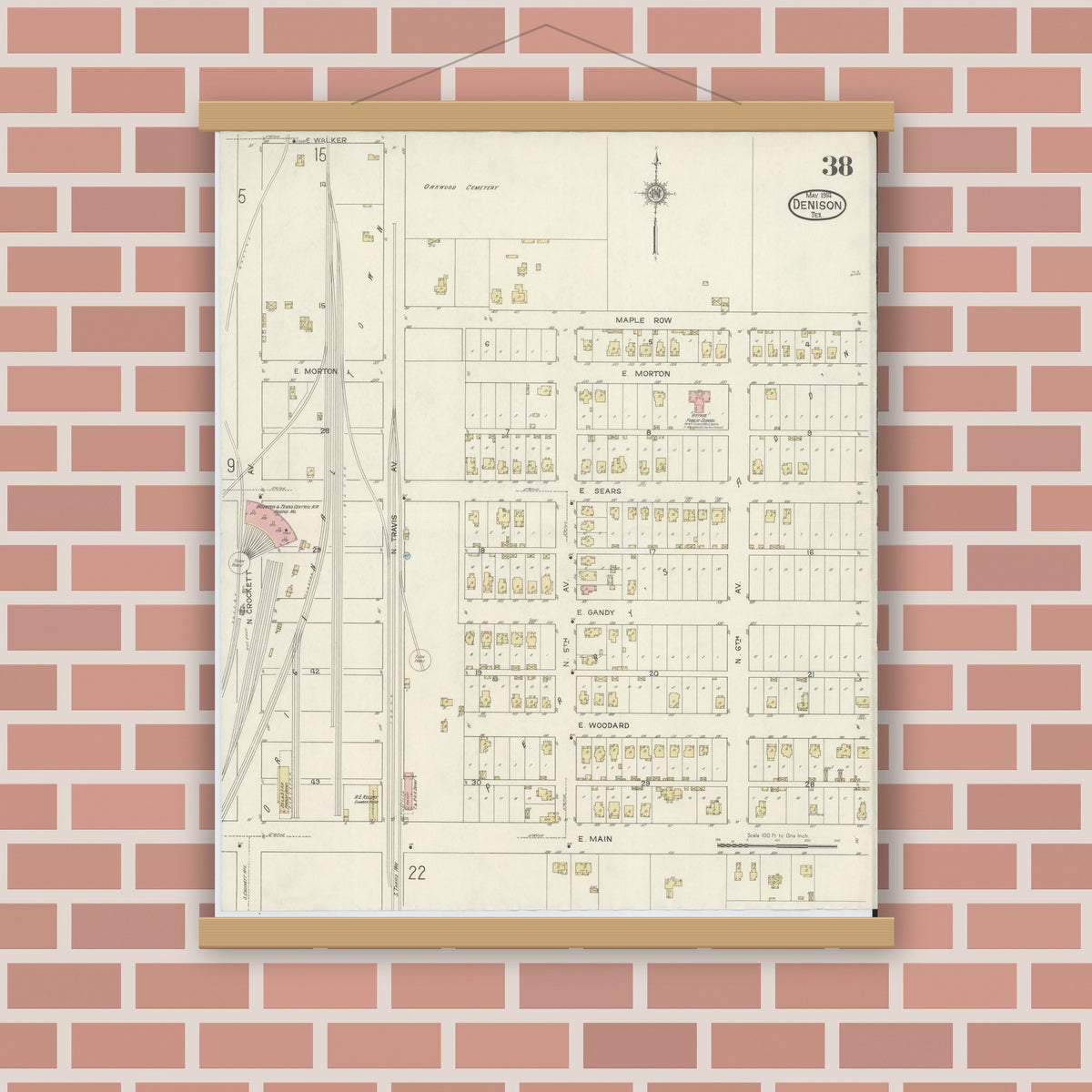 Old map wall art mockup — magnetic wood frame on brick wall — Sanborn Fire Insurance Map from Denison, Grayson County, Texas (1914), Sheet #0038