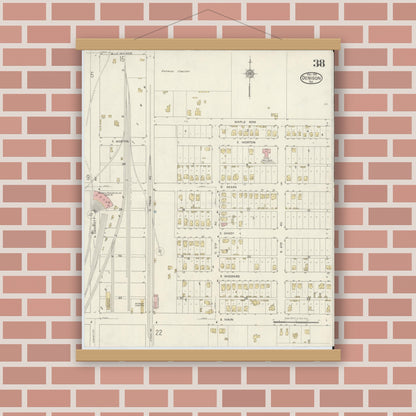Old map wall art mockup — magnetic wood frame on brick wall — Sanborn Fire Insurance Map from Denison, Grayson County, Texas (1914), Sheet #0038