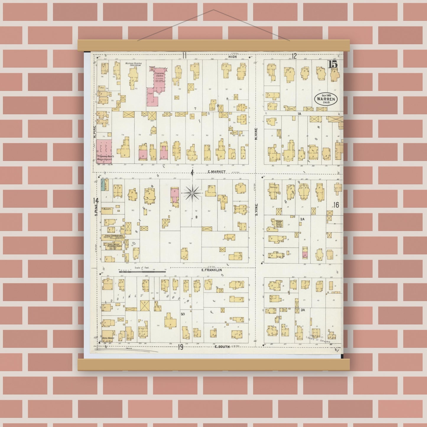 Old map wall art mockup — magnetic wood frame on brick wall — Sanborn Fire Insurance Map from Warren, Trumbull County, Ohio (1902), Sheet #0015