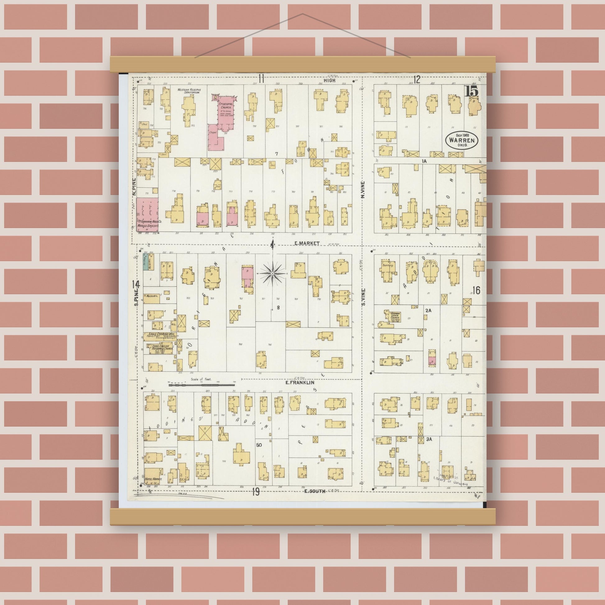 Old map wall art mockup — magnetic wood frame on brick wall — Sanborn Fire Insurance Map from Warren, Trumbull County, Ohio (1902), Sheet #0015
