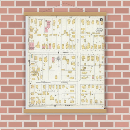 Old map wall art mockup — magnetic wood frame on brick wall — Sanborn Fire Insurance Map from Warren, Trumbull County, Ohio (1902), Sheet #0015