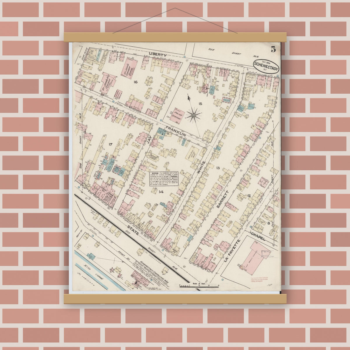 Old map wall art mockup — magnetic wood frame on brick wall — Sanborn Fire Insurance Map from Schenectady, Schenectady County, New York (1884), Sheet #0005