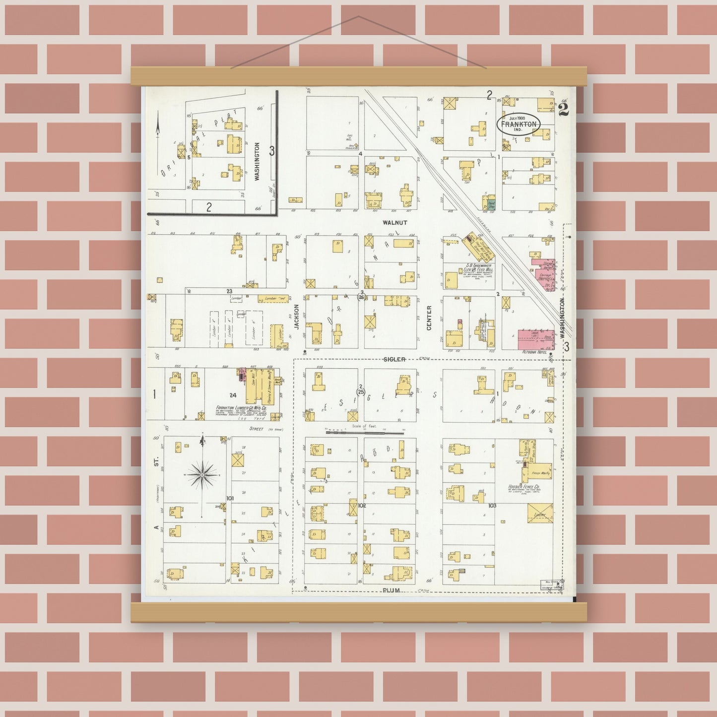 Old map wall art mockup — magnetic wood frame on brick wall — Sanborn Fire Insurance Map from Frankton, Madison County, Indiana (1900), Sheet #0002