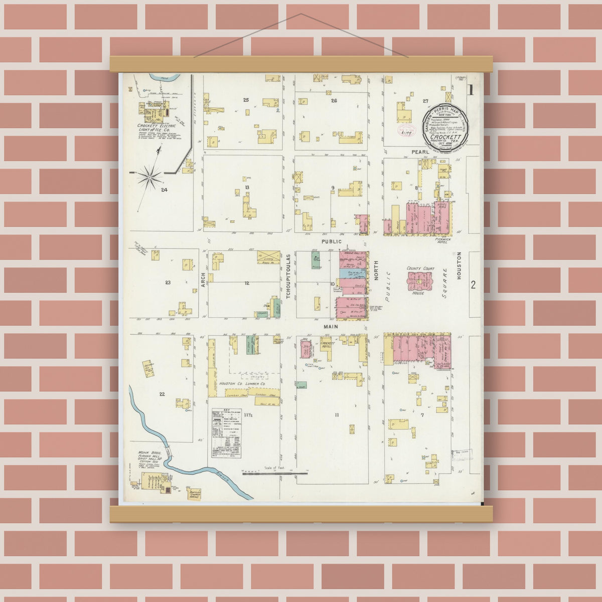 Old map wall art mockup — magnetic wood frame on brick wall — Sanborn Fire Insurance Map from Crockett, Houston County, Texas (1896), Sheet #0001