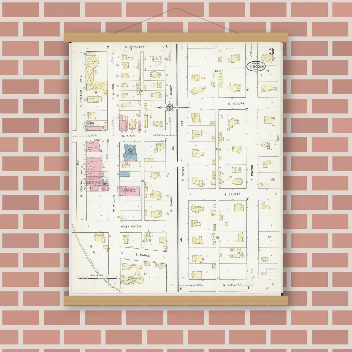 Old map wall art mockup — magnetic wood frame on brick wall — Sanborn Fire Insurance Map from Tuscola, Douglas County, Illinois (1914), Sheet #0003