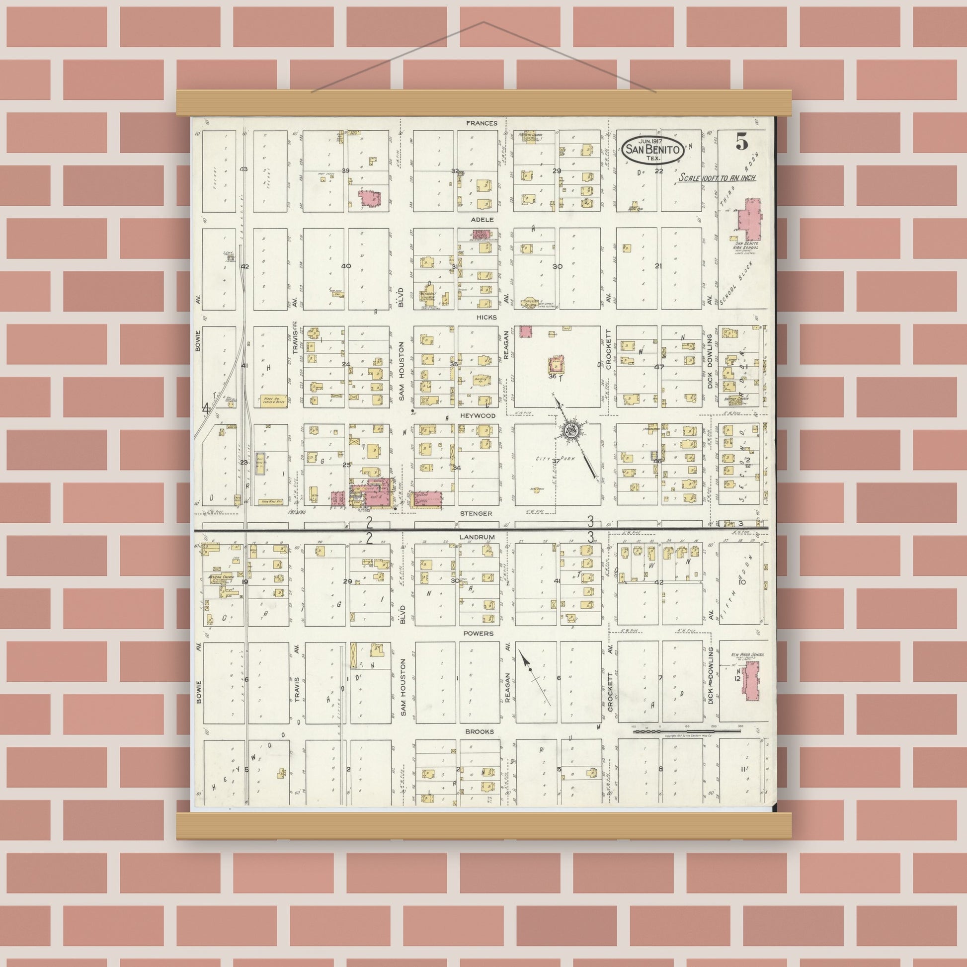 Old map wall art mockup — magnetic wood frame on brick wall — Sanborn Fire Insurance Map from San Benito, Cameron County, Texas (1917), Sheet #0005