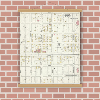Old map wall art mockup — magnetic wood frame on brick wall — Sanborn Fire Insurance Map from San Benito, Cameron County, Texas (1917), Sheet #0005