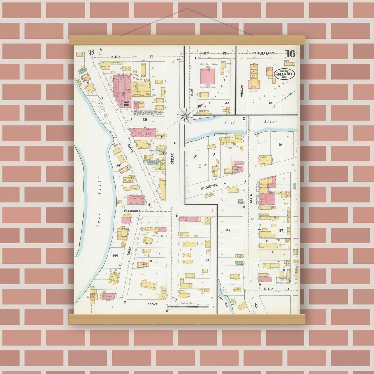 Old map wall art mockup — magnetic wood frame on brick wall — Sanborn Fire Insurance Map from Green Bay, Brown County, Wisconsin (1900), Sheet #0016