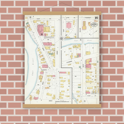 Old map wall art mockup — magnetic wood frame on brick wall — Sanborn Fire Insurance Map from Green Bay, Brown County, Wisconsin (1900), Sheet #0016