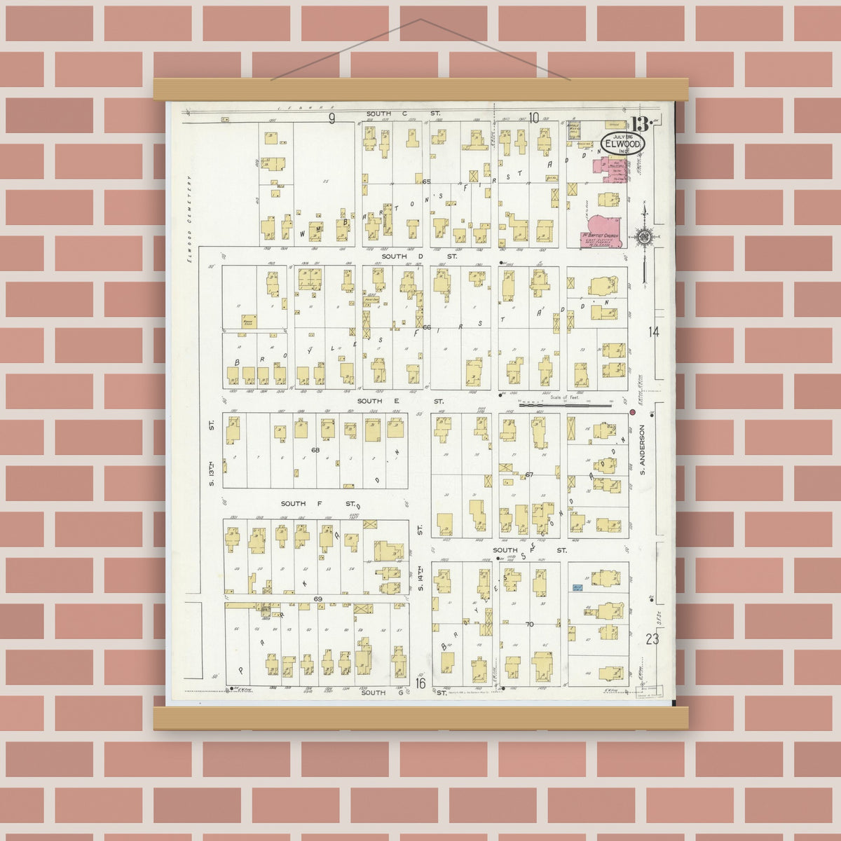 Old map wall art mockup — magnetic wood frame on brick wall — Sanborn Fire Insurance Map from Elwood, Madison County, Indiana (1916), Sheet #0013