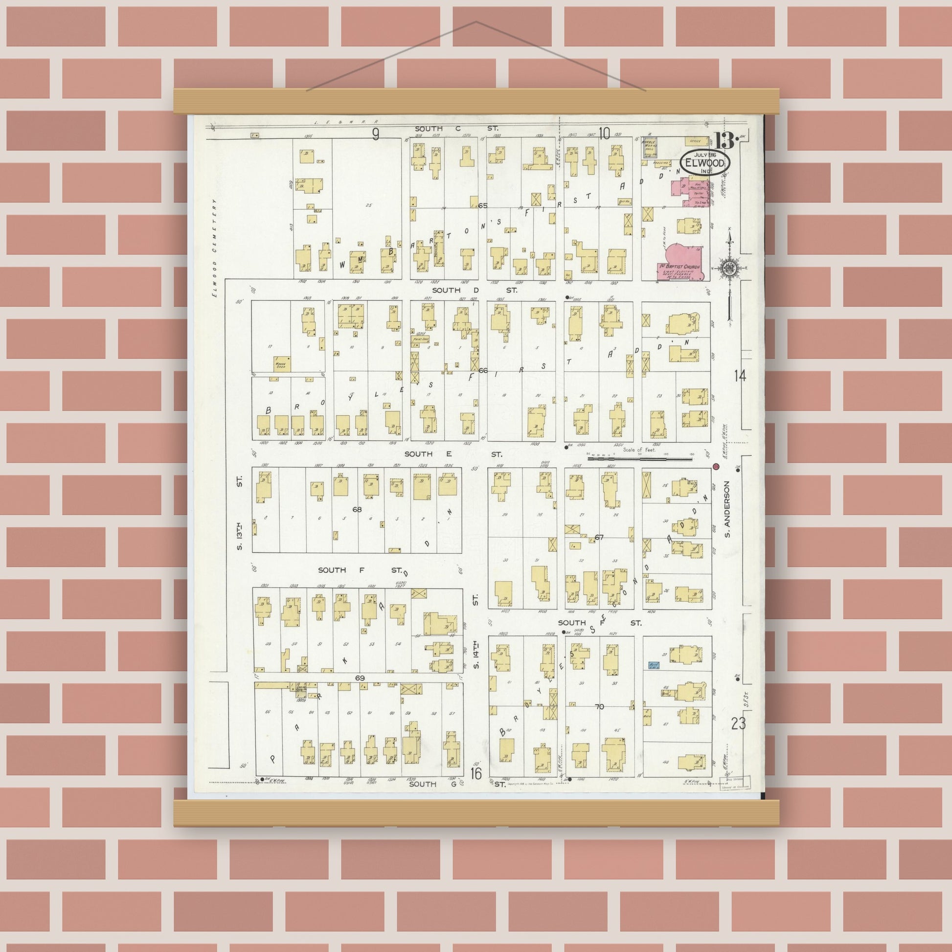 Old map wall art mockup — magnetic wood frame on brick wall — Sanborn Fire Insurance Map from Elwood, Madison County, Indiana (1916), Sheet #0013