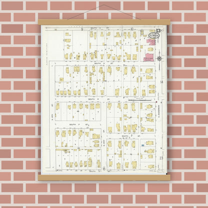 Old map wall art mockup — magnetic wood frame on brick wall — Sanborn Fire Insurance Map from Elwood, Madison County, Indiana (1916), Sheet #0013