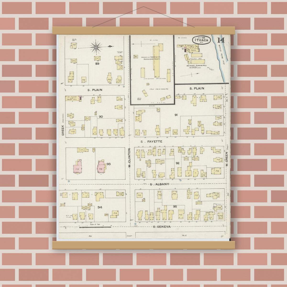Old map wall art mockup — magnetic wood frame on brick wall — Sanborn Fire Insurance Map from Ithaca, Tompkins County, New York (1888), Sheet #0014