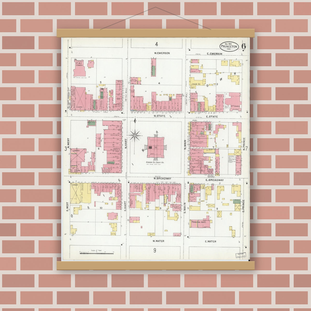 Old map wall art mockup — magnetic wood frame on brick wall — Sanborn Fire Insurance Map from Princeton, Gibson County, Indiana (1900), Sheet #0006