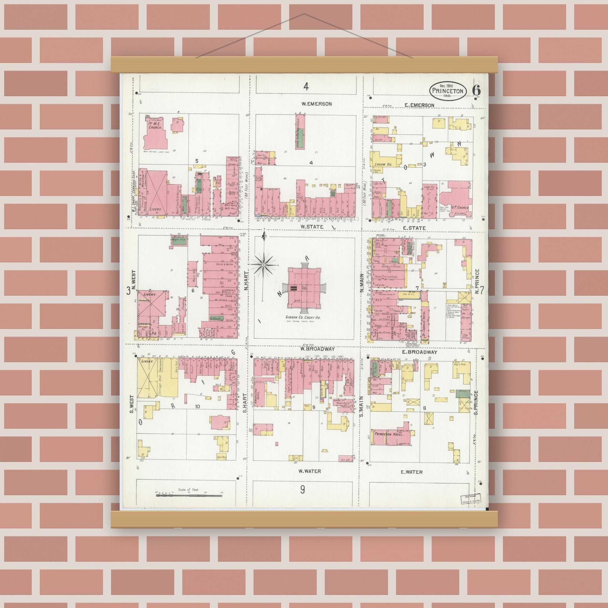 Old map wall art mockup — magnetic wood frame on brick wall — Sanborn Fire Insurance Map from Princeton, Gibson County, Indiana (1900), Sheet #0006