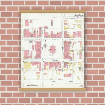 Old map wall art mockup — magnetic wood frame on brick wall — Sanborn Fire Insurance Map from Princeton, Gibson County, Indiana (1900), Sheet #0006