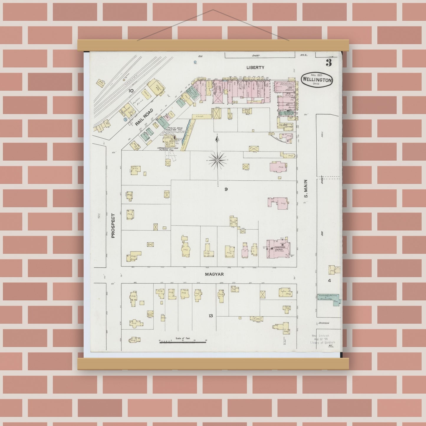 Old map wall art mockup — magnetic wood frame on brick wall — Sanborn Fire Insurance Map from Wellington, Lorain County, Ohio (1889), Sheet #0003