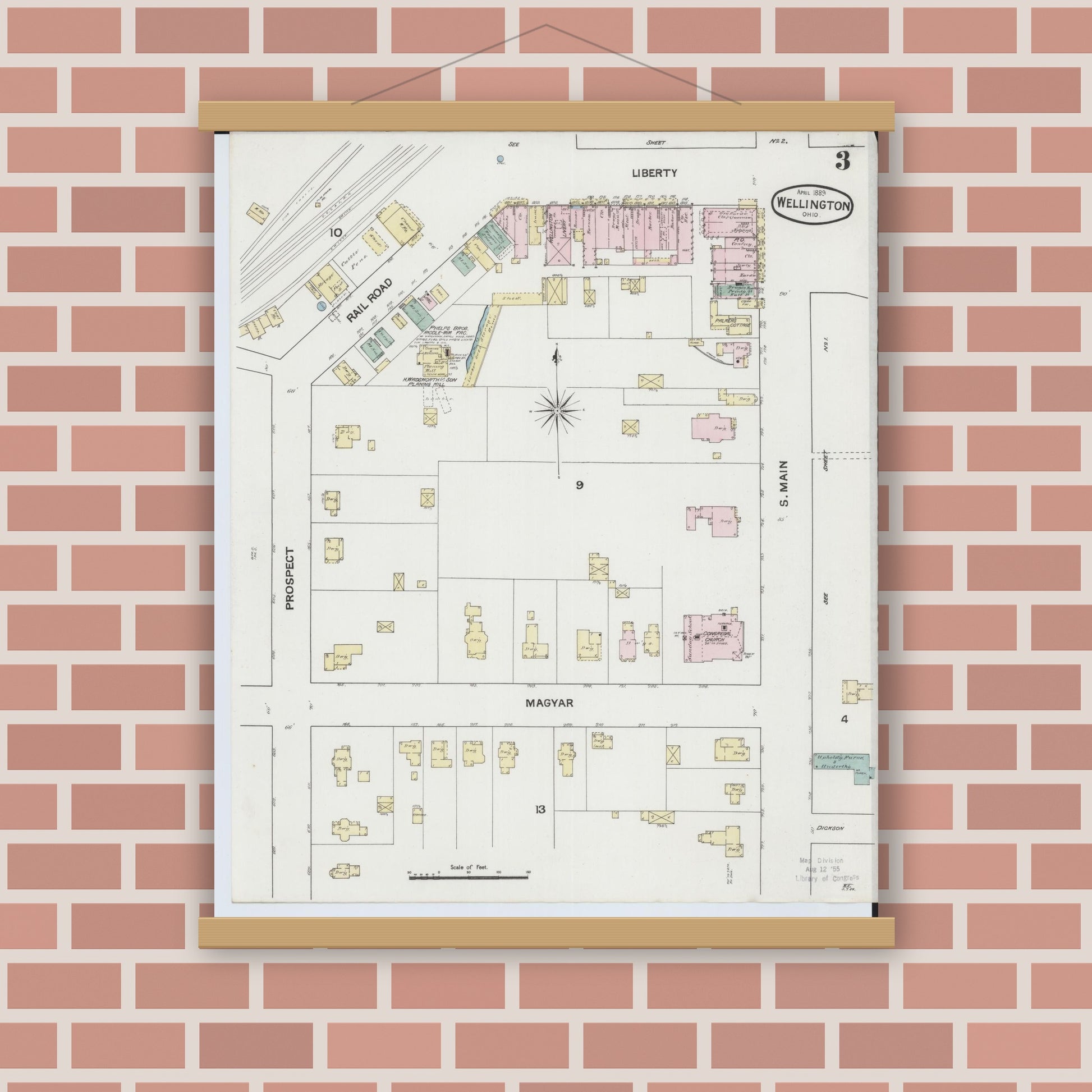 Old map wall art mockup — magnetic wood frame on brick wall — Sanborn Fire Insurance Map from Wellington, Lorain County, Ohio (1889), Sheet #0003