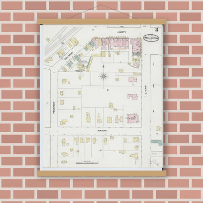Old map wall art mockup — magnetic wood frame on brick wall — Sanborn Fire Insurance Map from Wellington, Lorain County, Ohio (1889), Sheet #0003