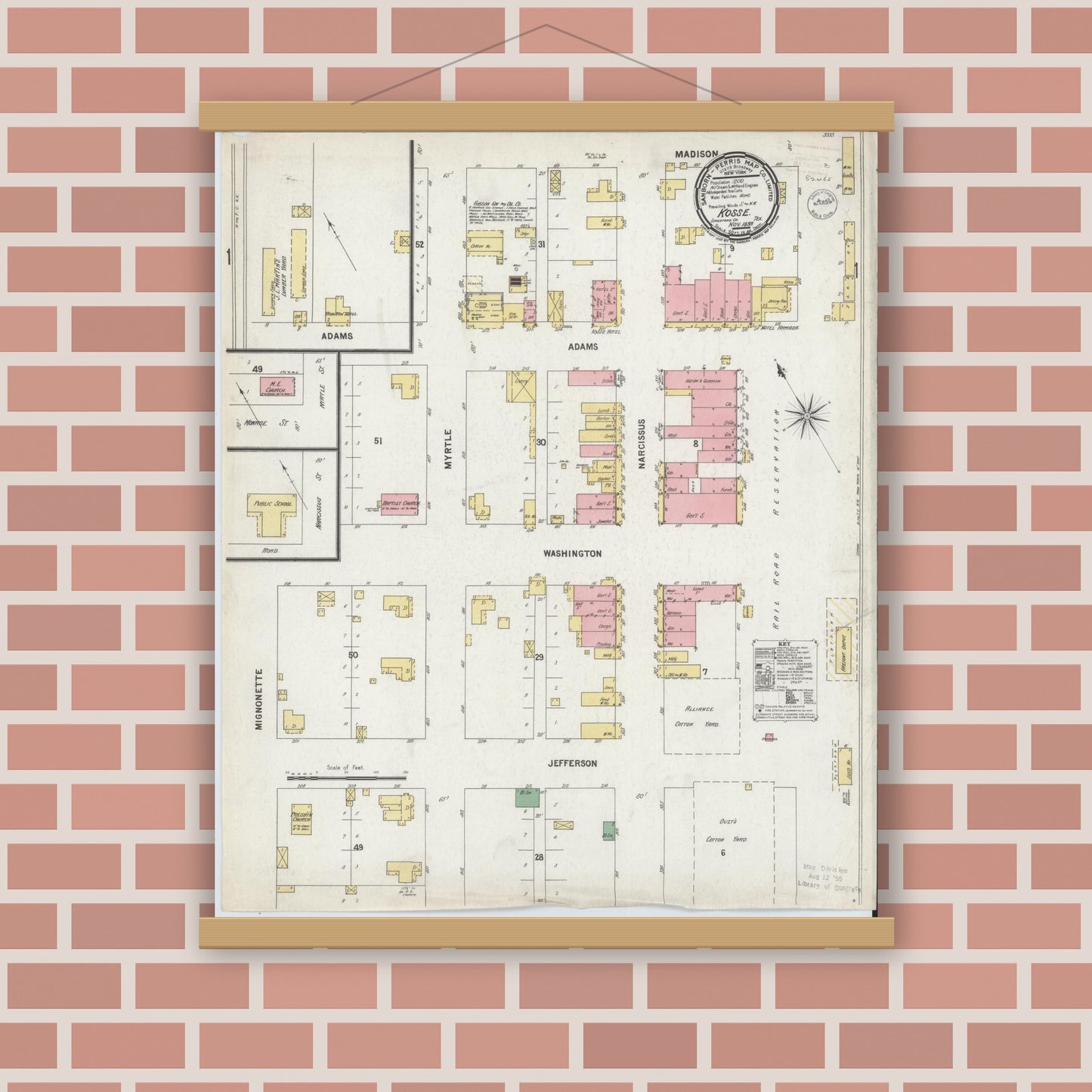 Old map wall art mockup — magnetic wood frame on brick wall — Sanborn Fire Insurance Map from Kosse, Limestone County, Texas (1899), Sheet #0001