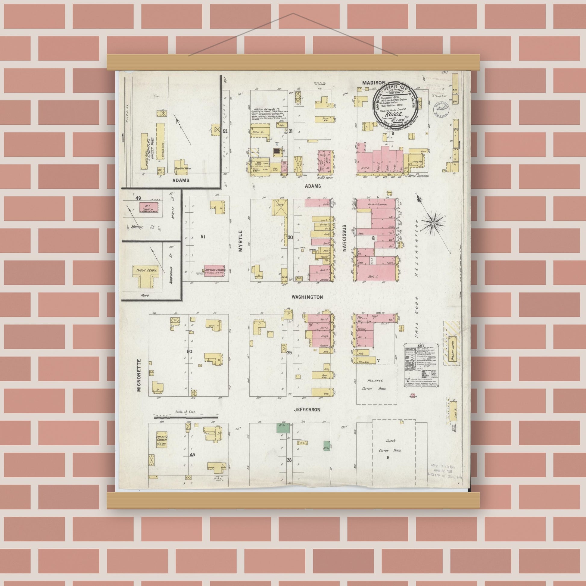 Old map wall art mockup — magnetic wood frame on brick wall — Sanborn Fire Insurance Map from Kosse, Limestone County, Texas (1899), Sheet #0001