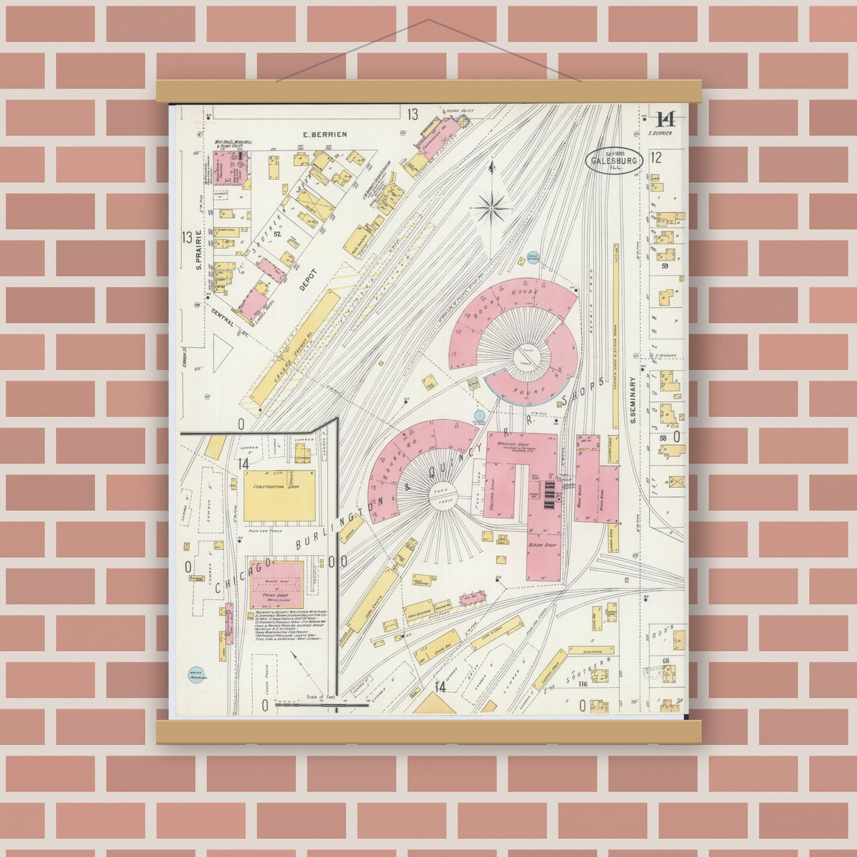 Old map wall art mockup — magnetic wood frame on brick wall — Sanborn Fire Insurance Map from Galesburg, Knox County, Illinois (1898), Sheet #0014