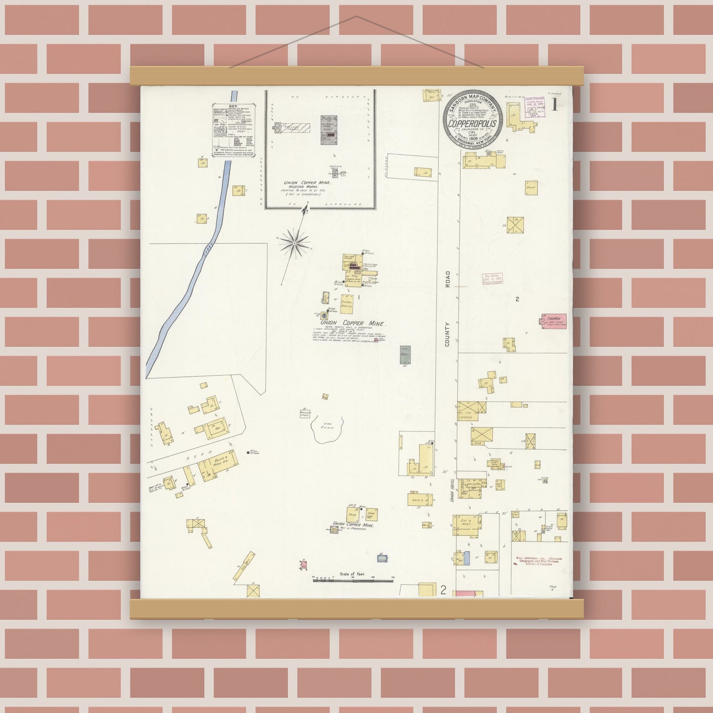 Old map wall art mockup — magnetic wood frame on brick wall — Sanborn Fire Insurance Map from Copperopolis, Calaveras County, California (1908), Sheet #0001