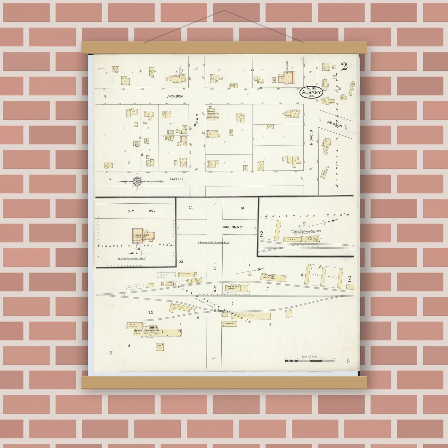 Old map wall art mockup — magnetic wood frame on brick wall — Sanborn Fire Insurance Map from Albany, Green County, Wisconsin (1912), Sheet #0002