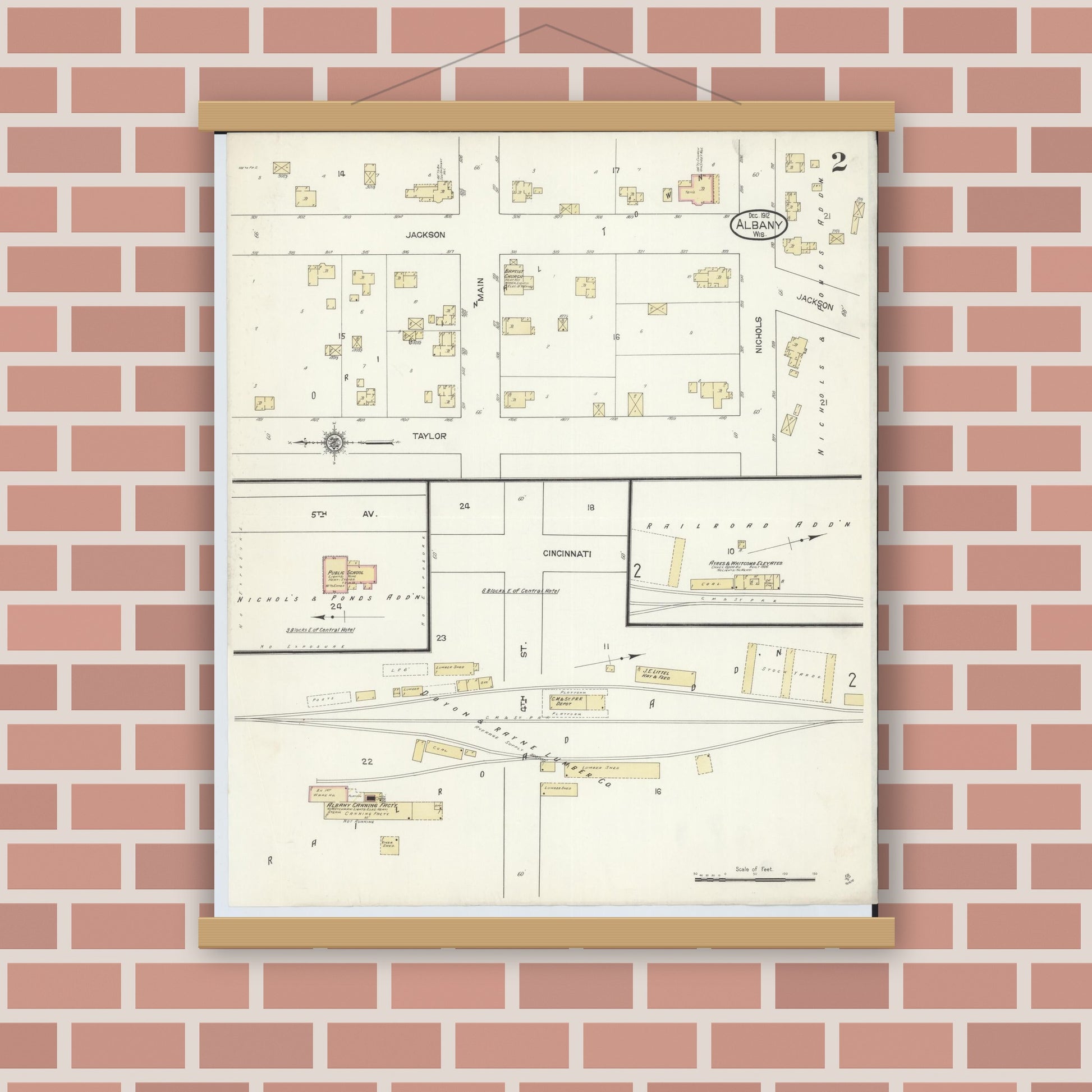 Old map wall art mockup — magnetic wood frame on brick wall — Sanborn Fire Insurance Map from Albany, Green County, Wisconsin (1912), Sheet #0002