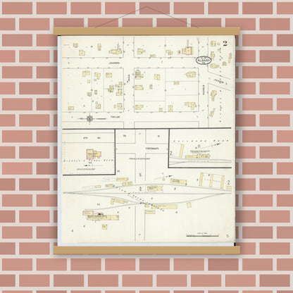 Old map wall art mockup — magnetic wood frame on brick wall — Sanborn Fire Insurance Map from Albany, Green County, Wisconsin (1912), Sheet #0002