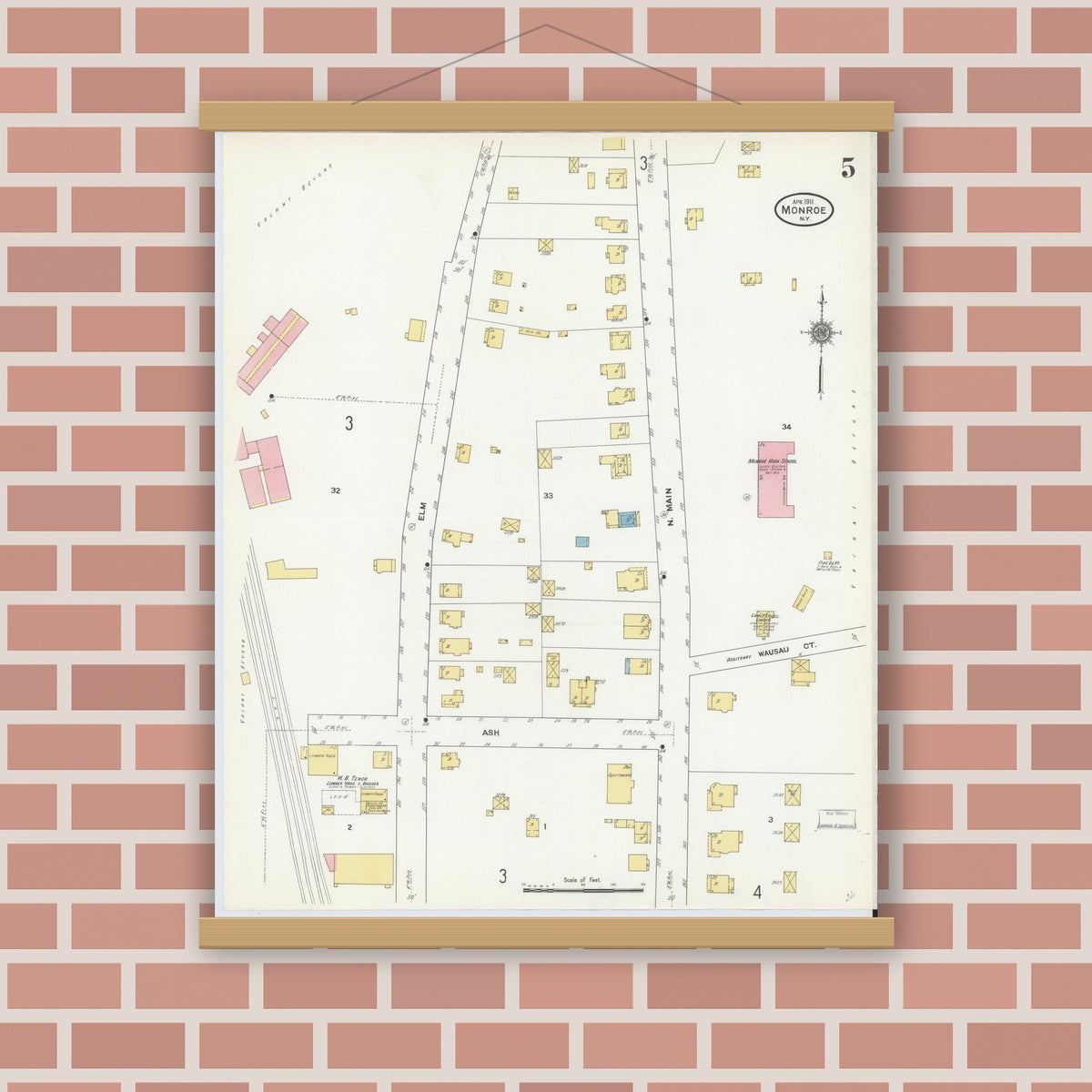 Old map wall art mockup — magnetic wood frame on brick wall — Sanborn Fire Insurance Map from Monroe, Orange County, New York (1911), Sheet #0005