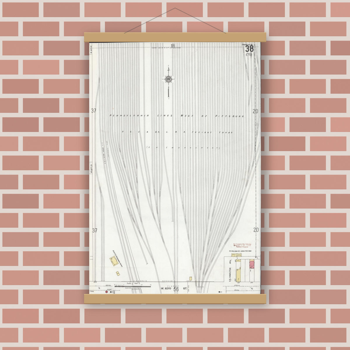 Old map wall art mockup — magnetic wood frame on brick wall — Sanborn Fire Insurance Map from Chicago, Cook County, Illinois (1920), Sheet #0038