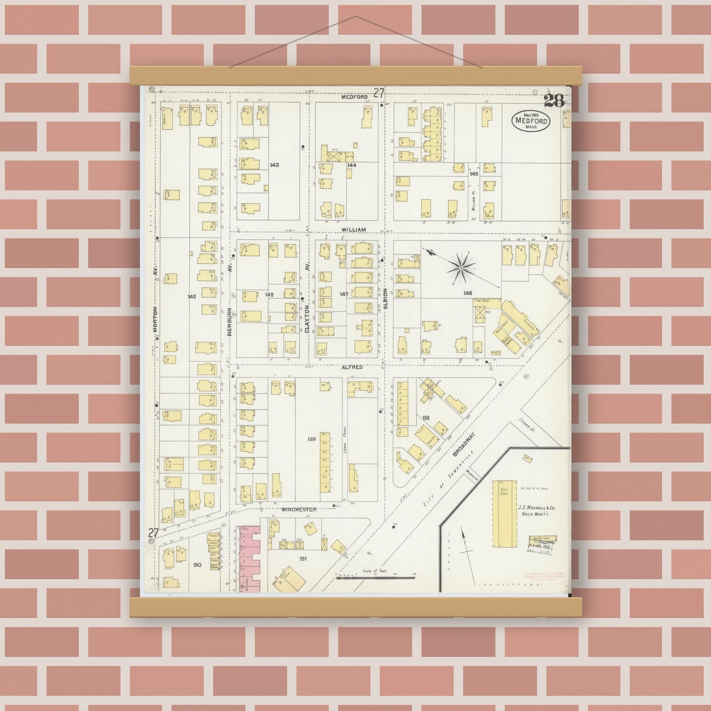 Old map wall art mockup — magnetic wood frame on brick wall — Sanborn Fire Insurance Map from Medford, Middlesex County, Massachusetts (1903), Sheet #0028